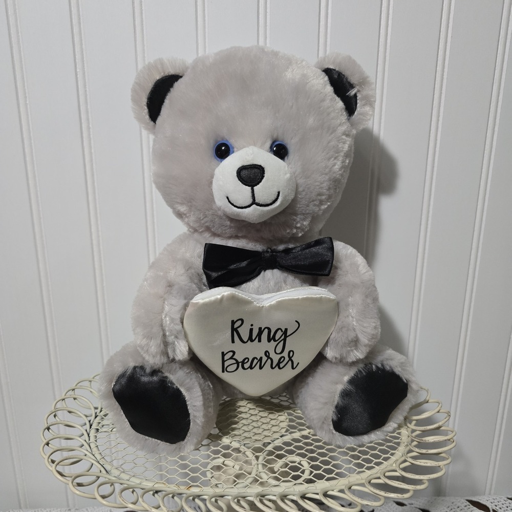 Build-A-Bear Gray Plush Ring Bearer Bear with Black Accents